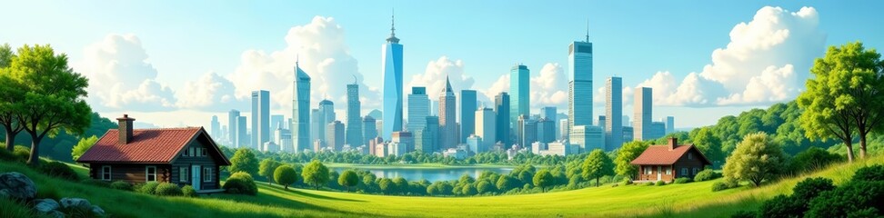 Obraz premium Urban skyline with modern high-rise, traditional townhouse, rustic cabin, futuristic building, and lush green trees, contrast, environment, nature