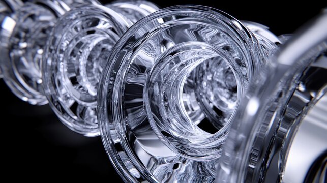 Abstract design of interconnected, reflective, transparent,  rotating mechanical components