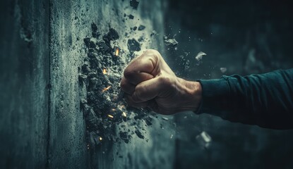 Fist impacting a wall, causing destruction and debris
