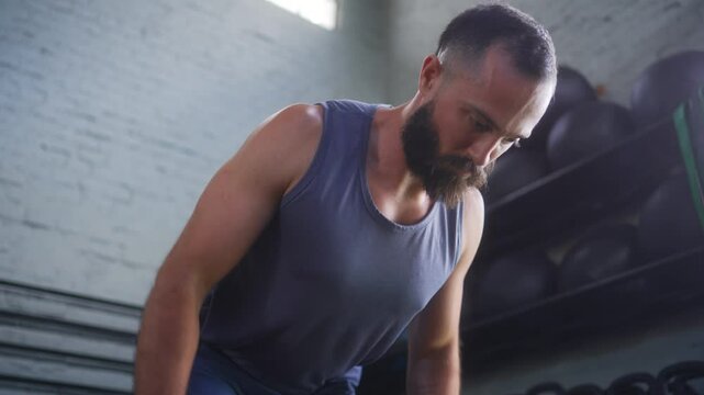 Concentrated bearded man in gray tank top performing dumbbell bent over row exercise with proper form in bright industrial fitness space with white brick walls