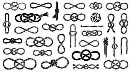 Collection of various rope knots in black and white vector illustration