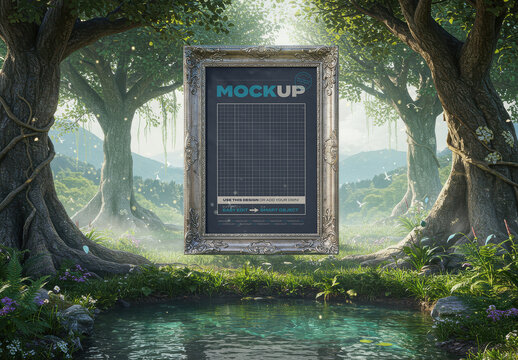 Vertical Ornamented Frame Mockup on Magical Fantasy Forest