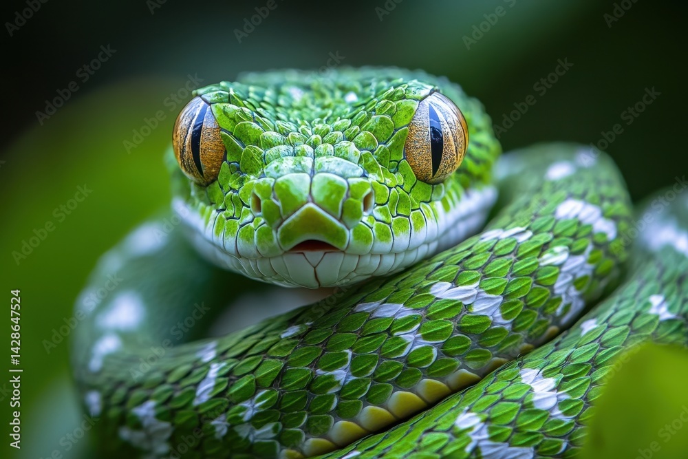 Poster close-up of a vibrant green tree snake resting on foliage in a lush habitat showcasing intricate sca