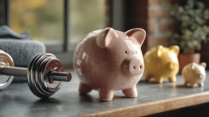 Piggy bank and weights on a windowsill