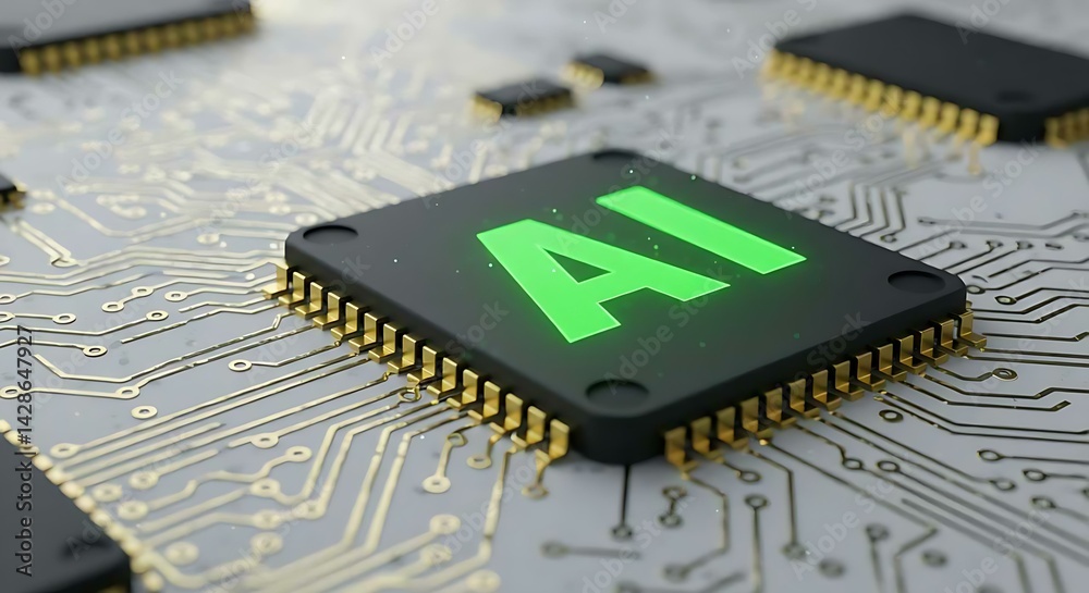 Aufkleber Close up view of a microchip with lit artificial intelligence text on it. Ai cpu concept. Technology background chip with green ai text. Ai tech.