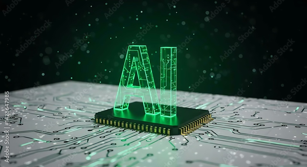 Fototapete close up view of a microchip with lit artificial intelligence text on it. ai cpu concept. technology