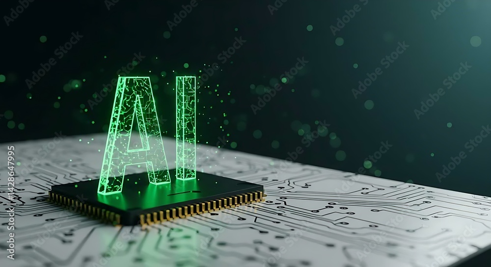 Aufkleber Close up view of a microchip with lit artificial intelligence text on it. Ai cpu concept. Technology background chip with green ai text. Ai tech.