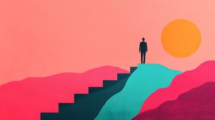 Silhouetted Figure Climbing Abstract Staircase in Vibrant Landscape