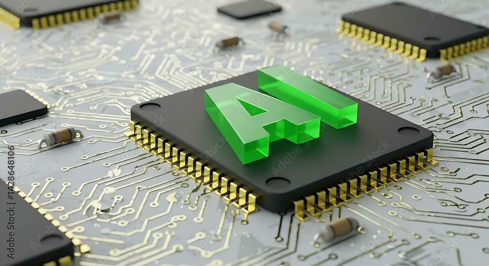 Fototapete close up view of a microchip with lit artificial intelligence text on it. ai cpu concept. technology