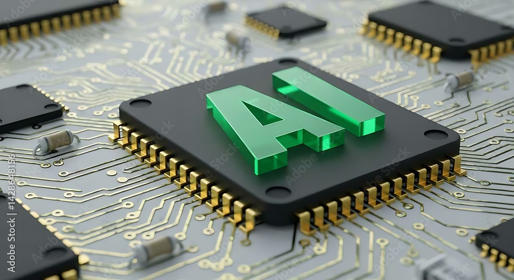Aufkleber Close up view of a microchip with lit artificial intelligence text on it. Ai cpu concept. Technology background chip with green ai text. Ai tech.