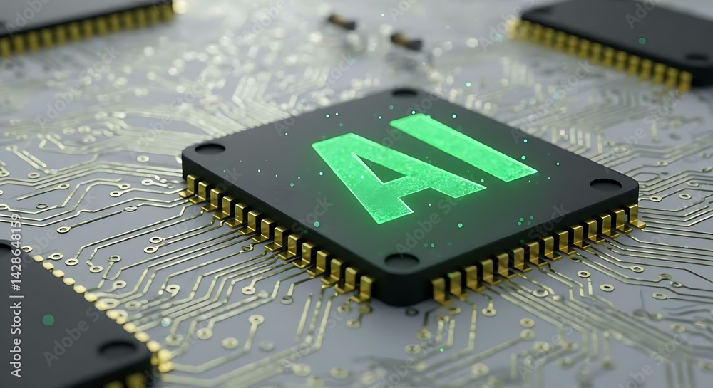 Fototapete close up view of a microchip with lit artificial intelligence text on it. ai cpu concept. technology
