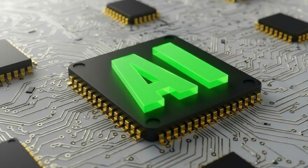 Close up view of a microchip with lit artificial intelligence text on it. Ai cpu concept. Technology background chip with green ai text. Ai tech.