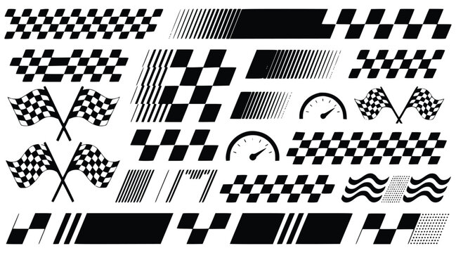 Racing graphics collection with checkered flags and speedometer in black and white