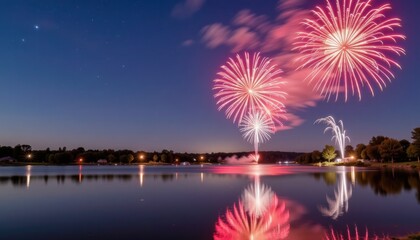 Vibrant fireworks reflecting over a serene lake at dusk.