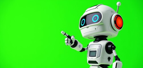 Fototapeta premium Adorable mini robot pointing, vibrant green background, whimsical, image