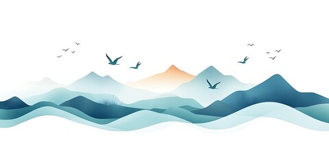 a mountain landscape with birds flying over it