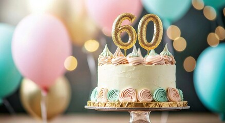 A vibrant 60th birthday cake featuring a shimmering gold topper.