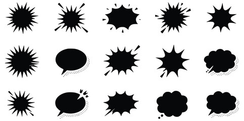 Black explosion and speech bubbles collection isolated on white background vector set