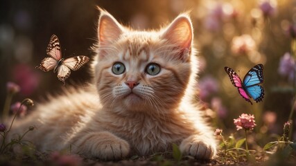 A soft, fluffy kitten gazes in awe at delicate butterflies dancing in golden light.