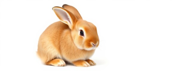 Fototapeta premium Adorable red-brown bunny sitting on white background, sitting, pet rabbit
