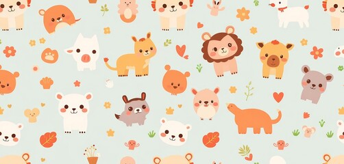 Fototapeta premium Adorable seamless pattern featuring cute cartoon animals in a playful vector style, cute, seamless