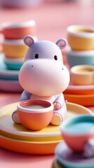 An adorable cartoon hippopotamus sits contentedly holding a small cup of coffee while surrounded by pastel-colored teacups and saucers on a pink background.