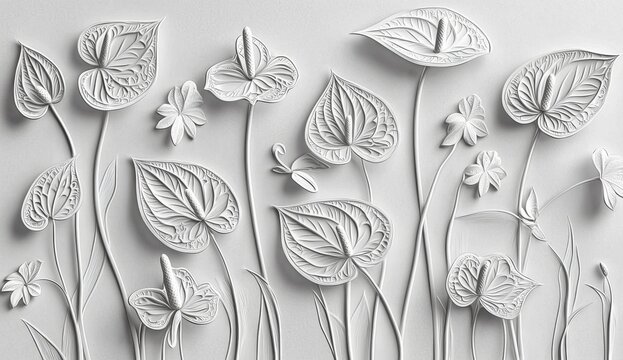 Black outline botanical illustrations of Anthurium flowers.