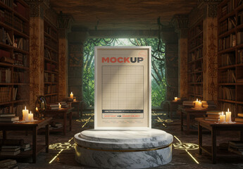 Vertical Poster Frame Mockup on Sacred Library stand on Marble