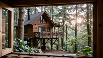 Wooden cabin framed by trees at sunset.