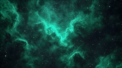 Fototapeta premium Emerald Nebula A mesmerizing cosmic landscape of teal and green nebulae, scattered with stars. Ideal for space-themed backgrounds, wallpapers, and designs.