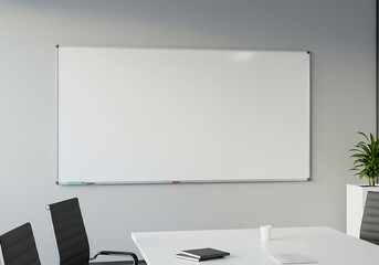 Whiteboard mounted on corporate meeting room wall, natural lighting, completely blank for adding graphics or texts.