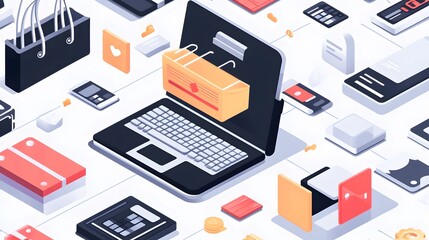 Obraz premium Online Shopping Paradise: An isometric illustration showcases the vibrant world of online shopping, with a laptop acting as the centerpiece amidst a constellation of shopping-related items.