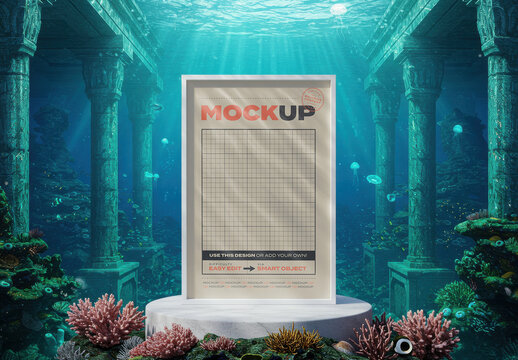 Vertical Poster Frame Mockup on Underwater Temple