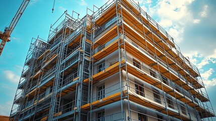 High-rise apartment building under construction with extensive scaffolding.