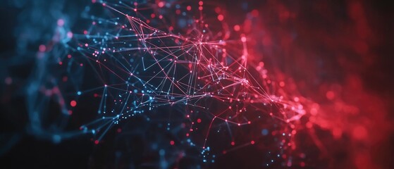 Abstract network connection with red and blue glowing lines, connecting dots.