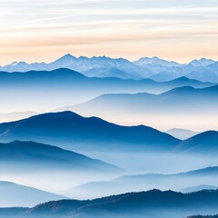 Obraz premium Serene Blue Mountains Landscape Misty Peaks at Dawn Breathtaking view of layered mountain ranges in soft blue hues