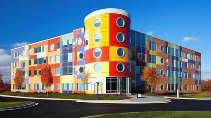 Obraz premium Colorful modern building with circular windows surrounded by autumn trees and clear skies