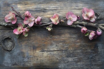 Delicate pink blossoms on weathered wood