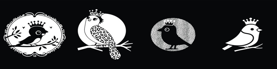Naklejka premium Black and white cartoon bird illustrations with crowns sitting on branches vector set