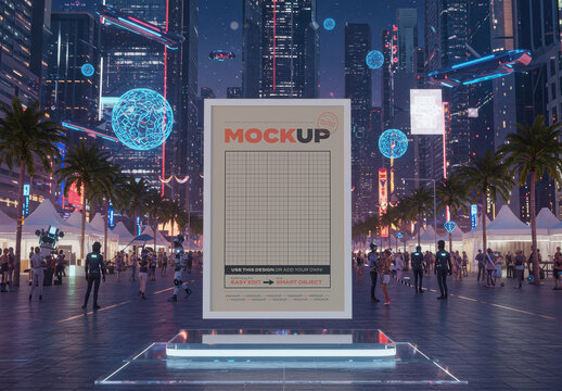 Vertical Poster Mockup on Futuristic City Plaza