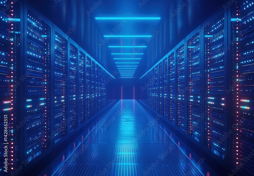 Poster symmetrical data center hallway glowing in vibrant blue with rows of illuminated server racks. great