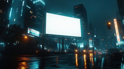 A large blank billboard on a rainy city street at night with glowing neon lights.