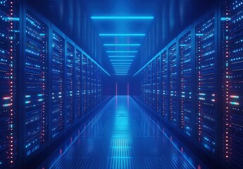 Symmetrical data center hallway glowing in vibrant blue with rows of illuminated server racks. Great for IT services, tech branding, and digital infrastructure visuals