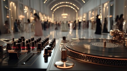 Obraz premium Golden-Toned 3D DJ Setup in Elegant Venue with People Dancing in the Background – Music and Celebration Scene
