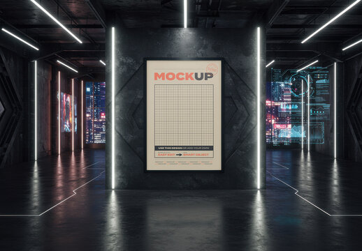 Vertical Poster Mockup on Futuristic Illuminated Loft