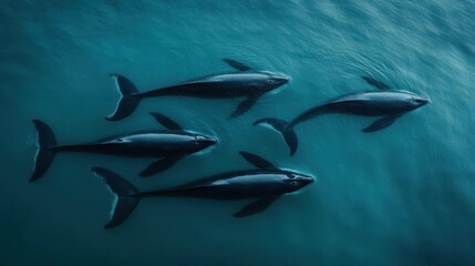 Aerial view of four dolphins swimming gracefully in clear blue ocean waters, showcasing their harmony