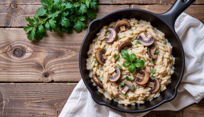 Creamy mushroom risotto in a cast iron skillet.