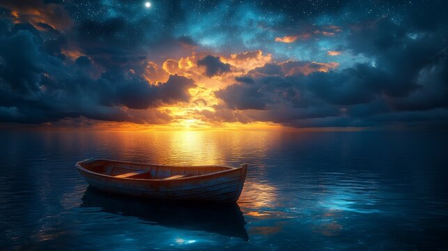Solitary wooden rowboat floats serenely on calm ocean waters at sunset under a vibrant, starry sky.