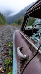 Abandoned car on a gravel road, surrounded by nature