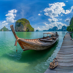 Long-tail boat moored at a peaceful pier in a tropical bay, surrounded by calm waters and limestone cliffs.